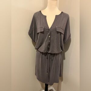 WHBM Blousen Brown Greige V Nexk Button Down Drawstring Waist Mini Dress, XL